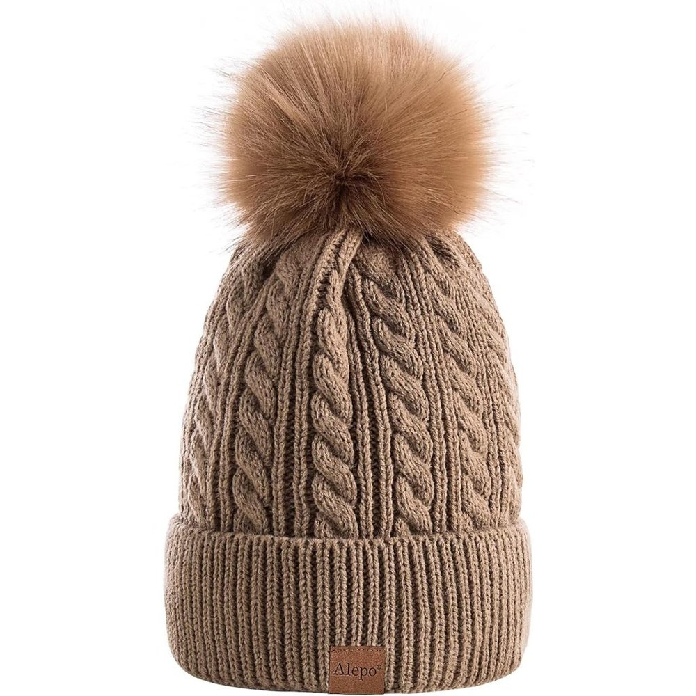 Womens Winter Warm Fleece Lined Knitted Soft Ski Cuff Beanie Hat with Pom Pom